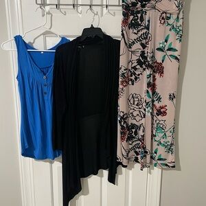 Floral Women's pallazzo pants, blue sleeveless large  top one size Cardigan